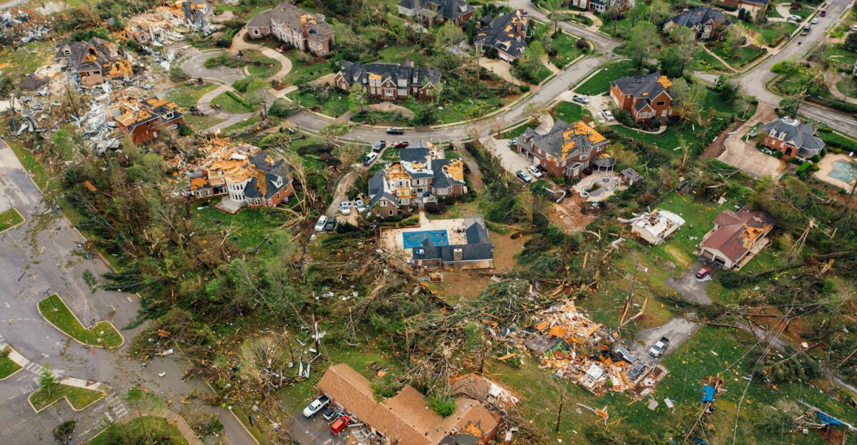 Aerial view showing severe tornado damage in Chattanooga Tennessee neighborhood