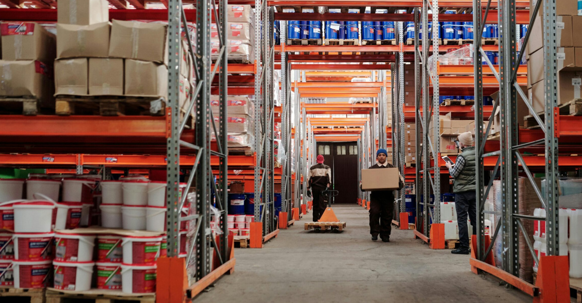 Warehouse interior showing workers handling boxes and organized shelves filled with products.