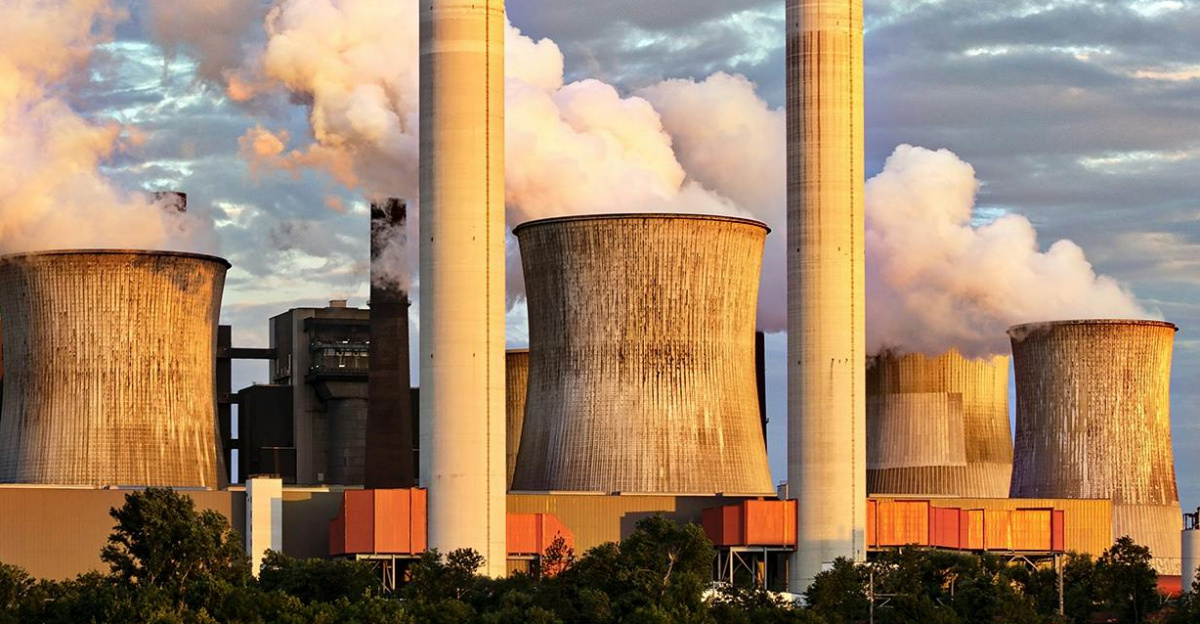 View of a power plant with smoke emissions under a cloudy sky, depicting industrial energy production.