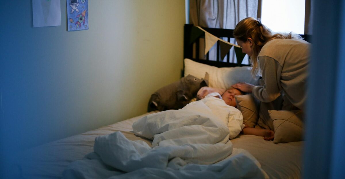 A mother caring for her sick child in a cozy bedroom setting emphasizing love and comfort