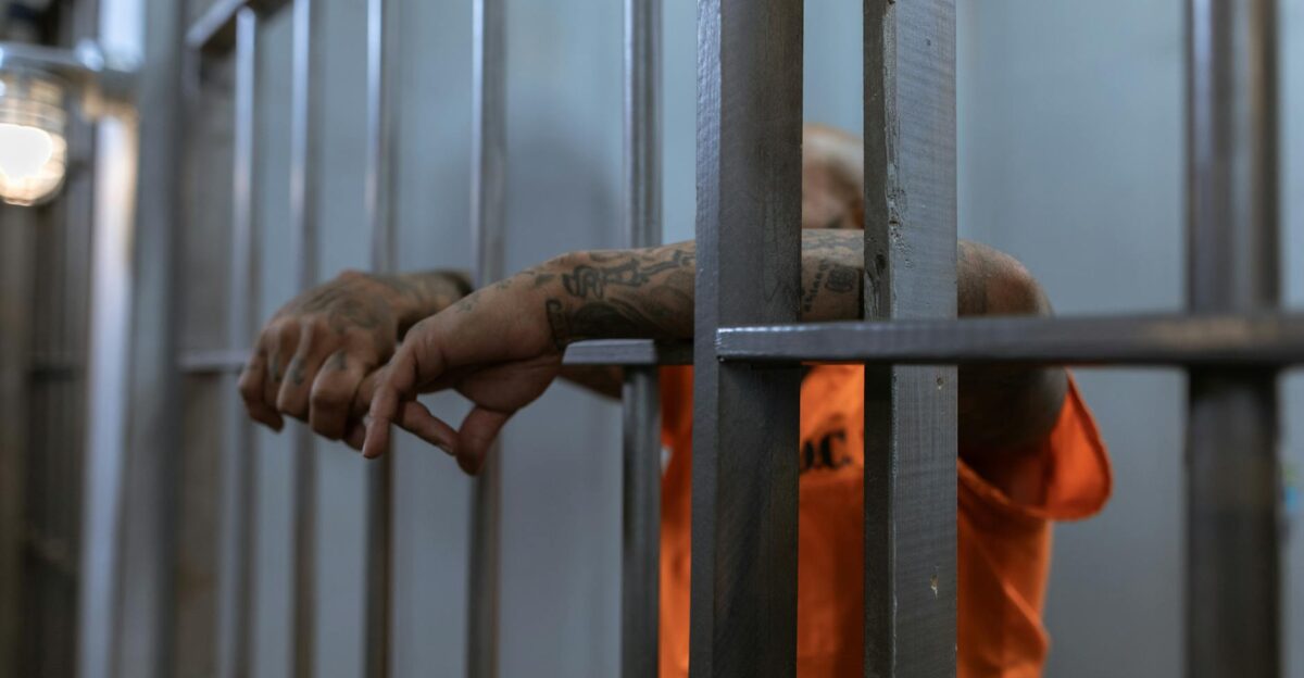 A tattooed inmate s arms rest on jail cell bars wearing an orange uniform inside a prison