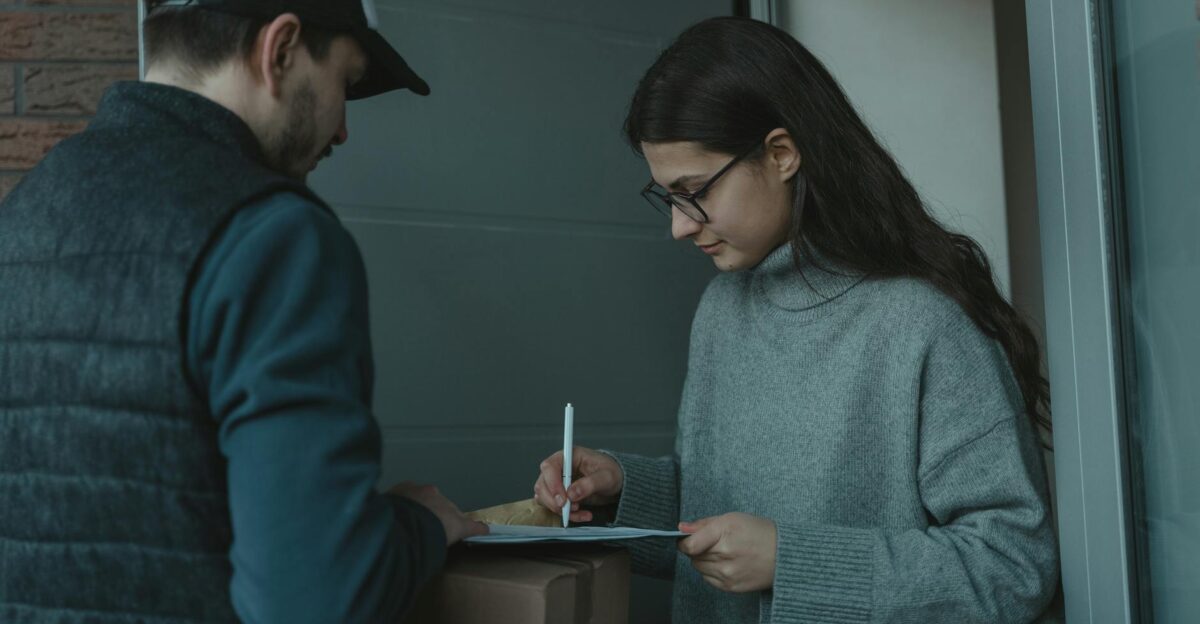 A woman signs for a package delivered by a courier at her doorstep showcasing home delivery service