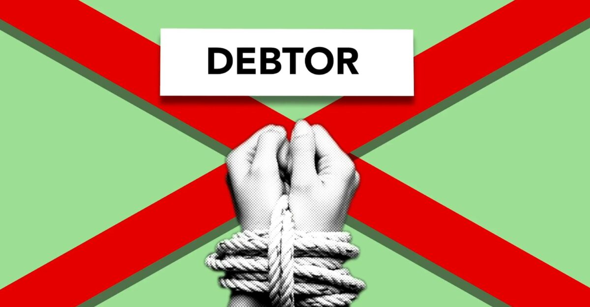 Illustration of debtor with hands tied with rope against cross symbolizing dependence on credit against green background