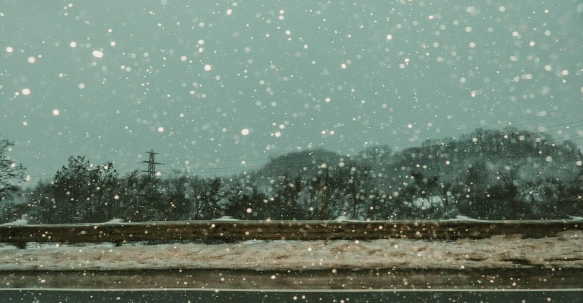 Snow falling heavily on a Toronto highway during winter capturing the serene and cold atmosphere