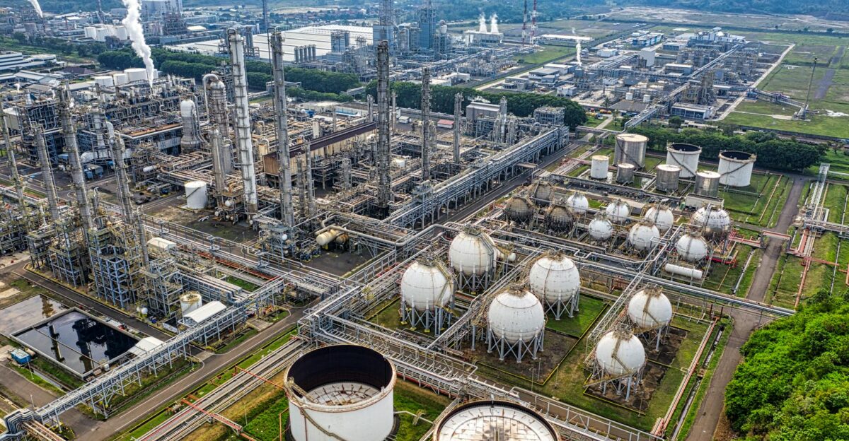 Extensive aerial shot of a large industrial refinery located in Banten Indonesia