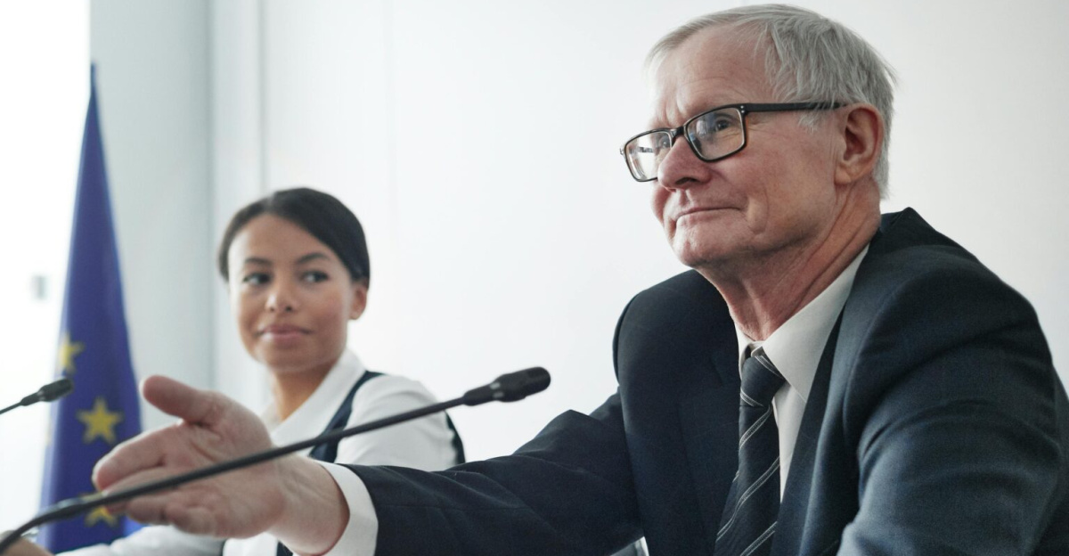 Panelists at an EU conference discussing law and diplomacy.