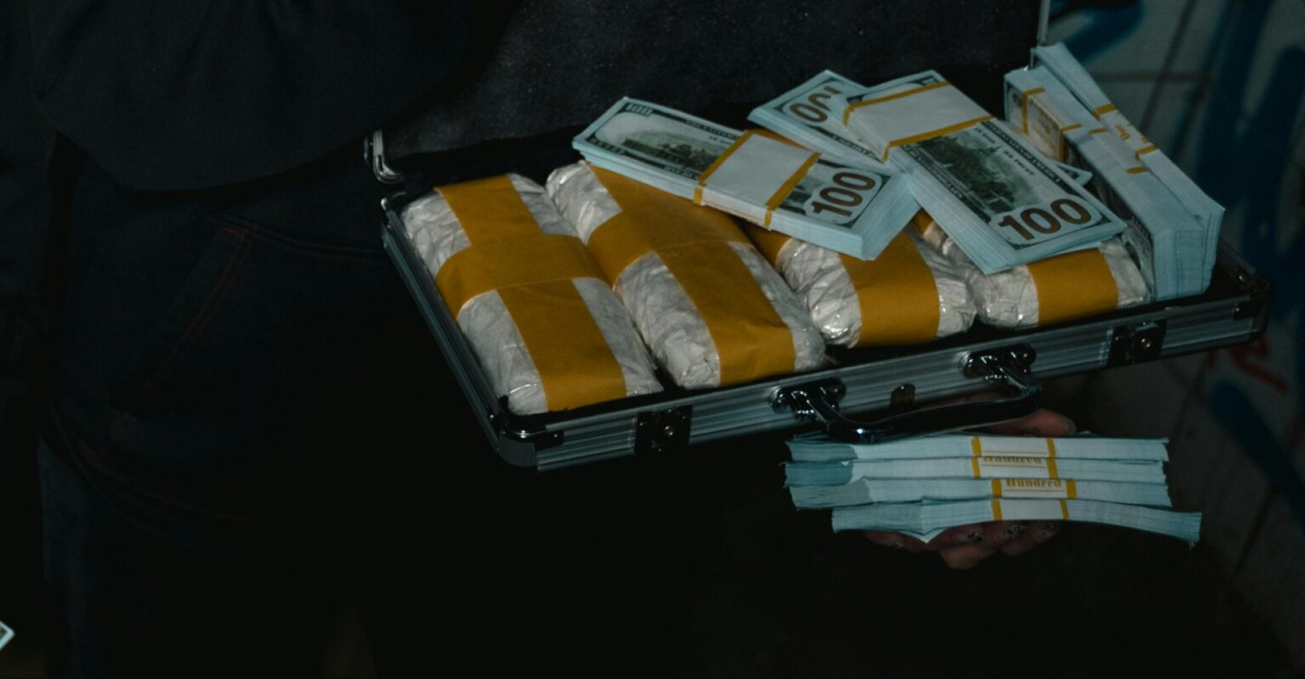 Dark urban scene depicting exchange of cash and drugs, highlighting crime.