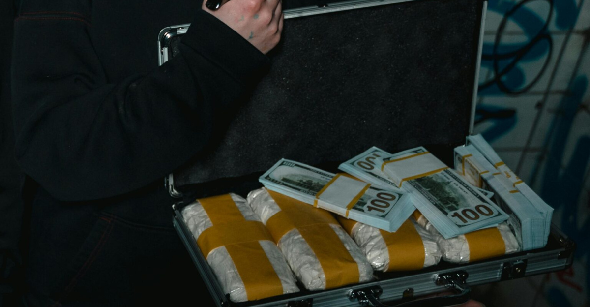 Dark urban scene depicting exchange of cash and drugs, highlighting crime.