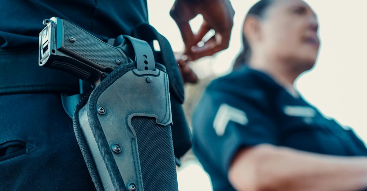 Police officers with a focus on a holstered handgun demonstrating law enforcement readiness