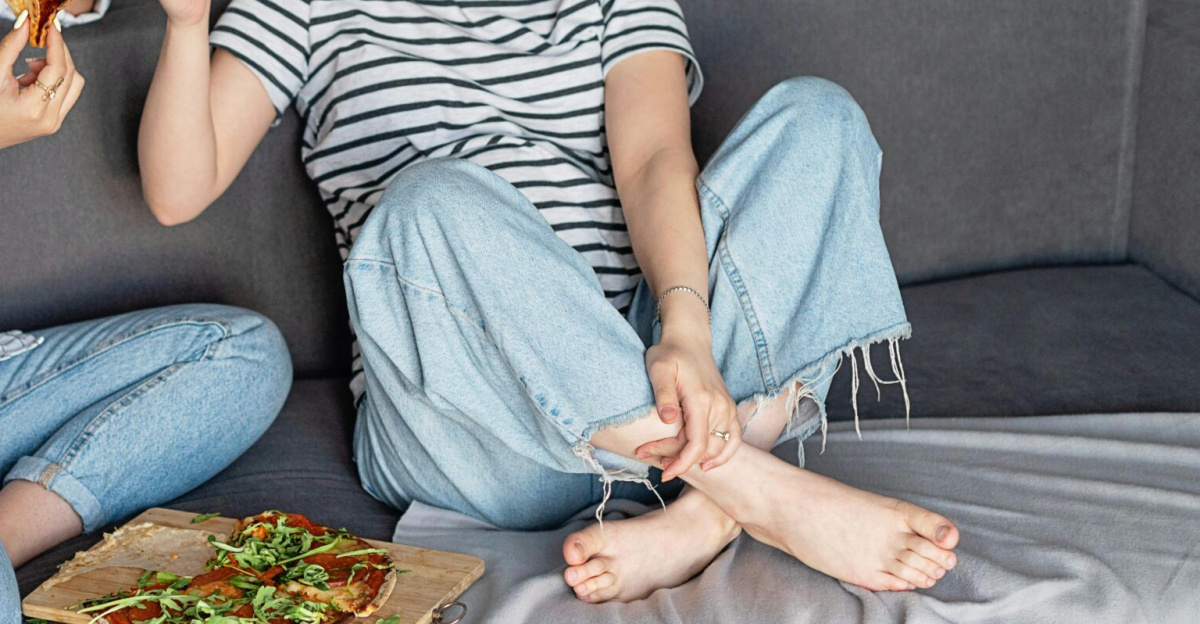 Two women laughing and sharing pizza in a relaxed living room setting.