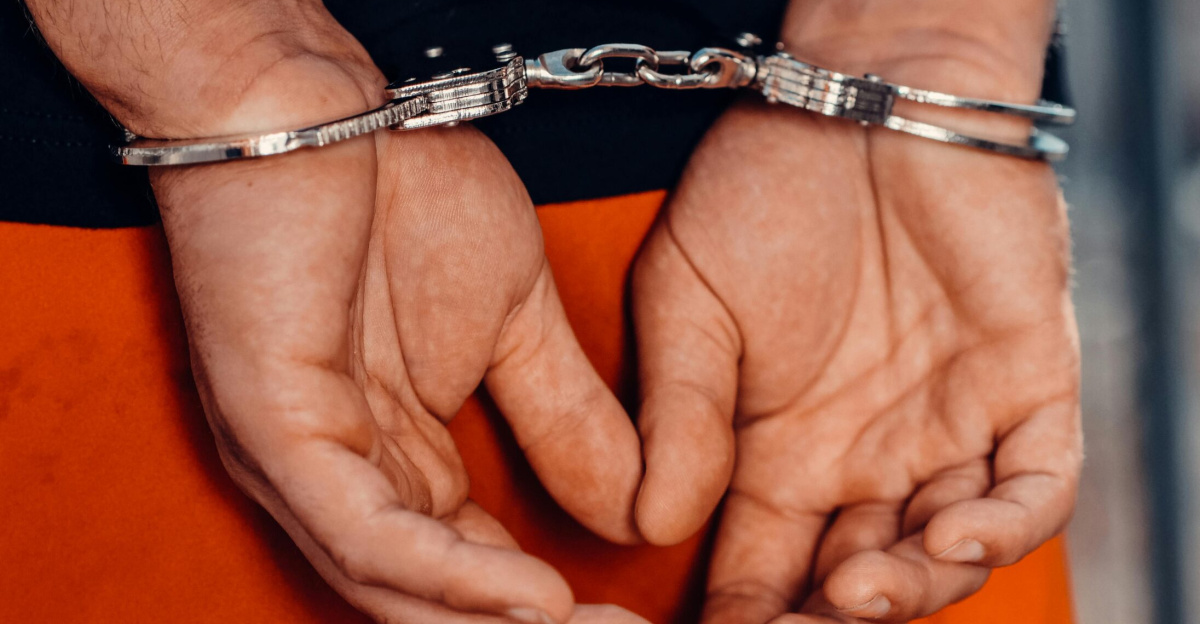 Rear view of handcuffed person in orange uniform, highlighting law enforcement and justice themes.