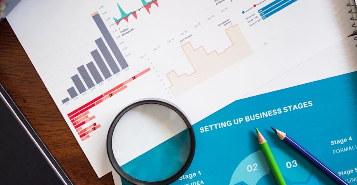 Financial report with charts and graphs analyzed with a magnifying glass