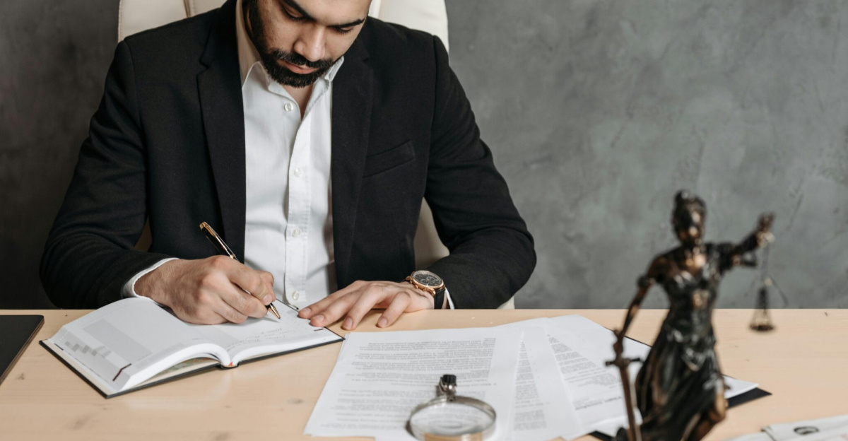 Focused lawyer in black suit at desk writing on documents in an office setting with legal statue.