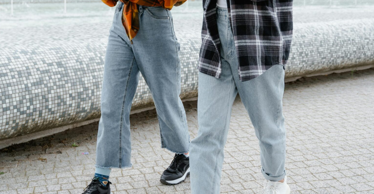 Two women in denim and plaid enjoy food while walking by a fountain in a park.