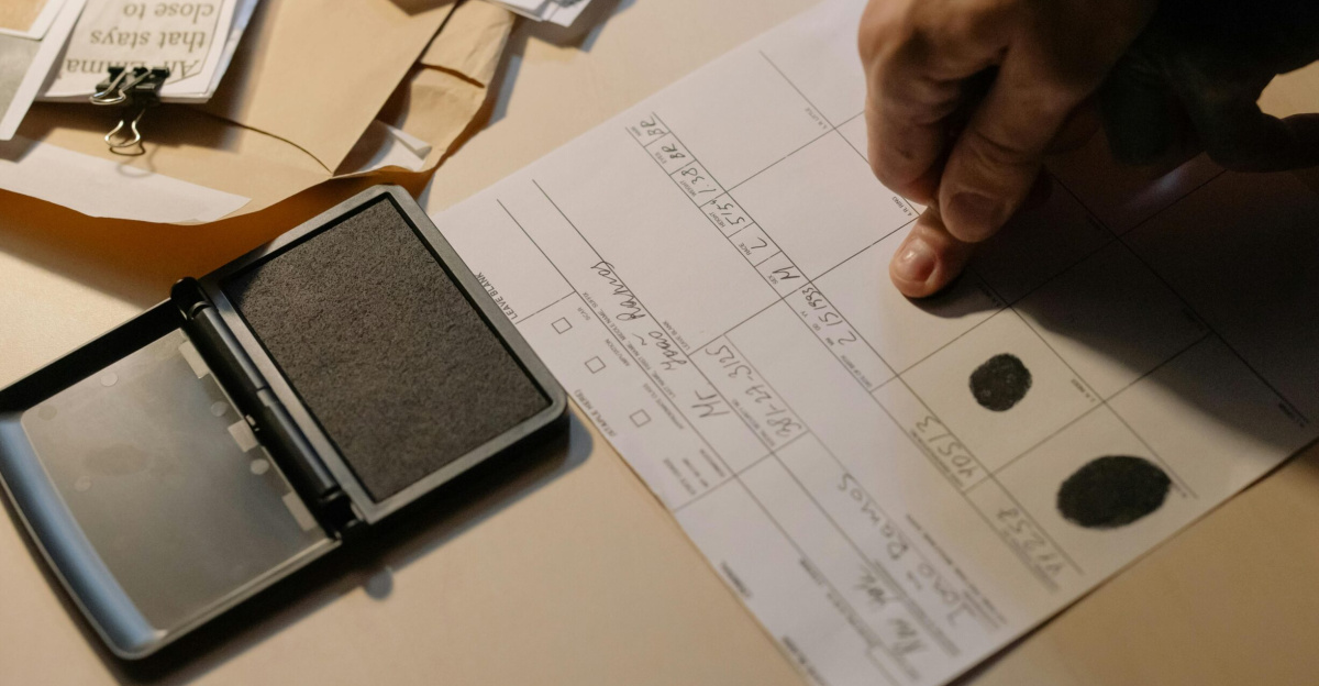 Detailed view of a hand taking fingerprints on a document with ink pad on desk.