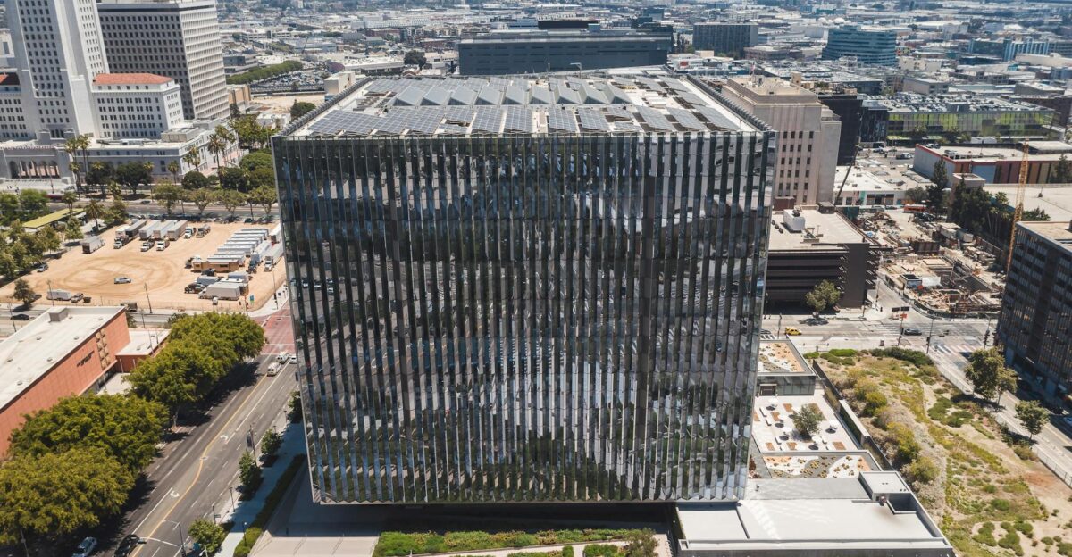 Modern Los Angeles Federal Courthouse aerial perspective sunny day