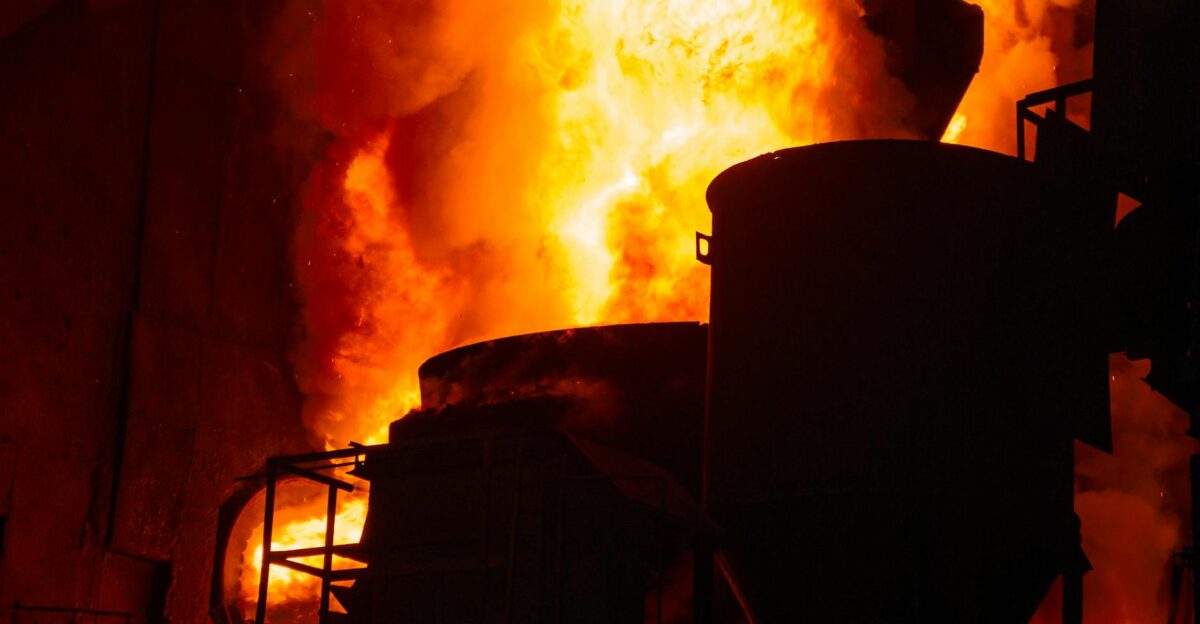 Dramatic image of a blazing industrial furnace with intense flames