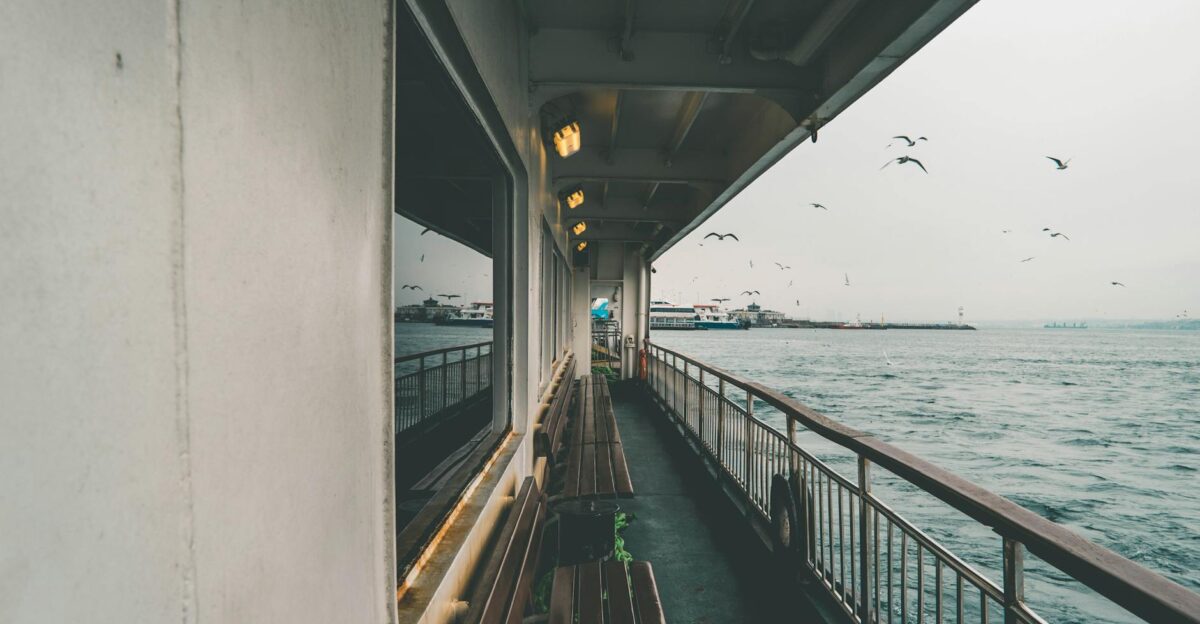 A peaceful ferry journey over the sea with seagulls flying showcasing serene coastal views