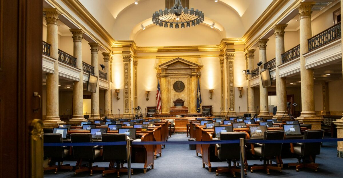 A grand government chamber with elegant columns and seating Perfect for politics or architecture themes