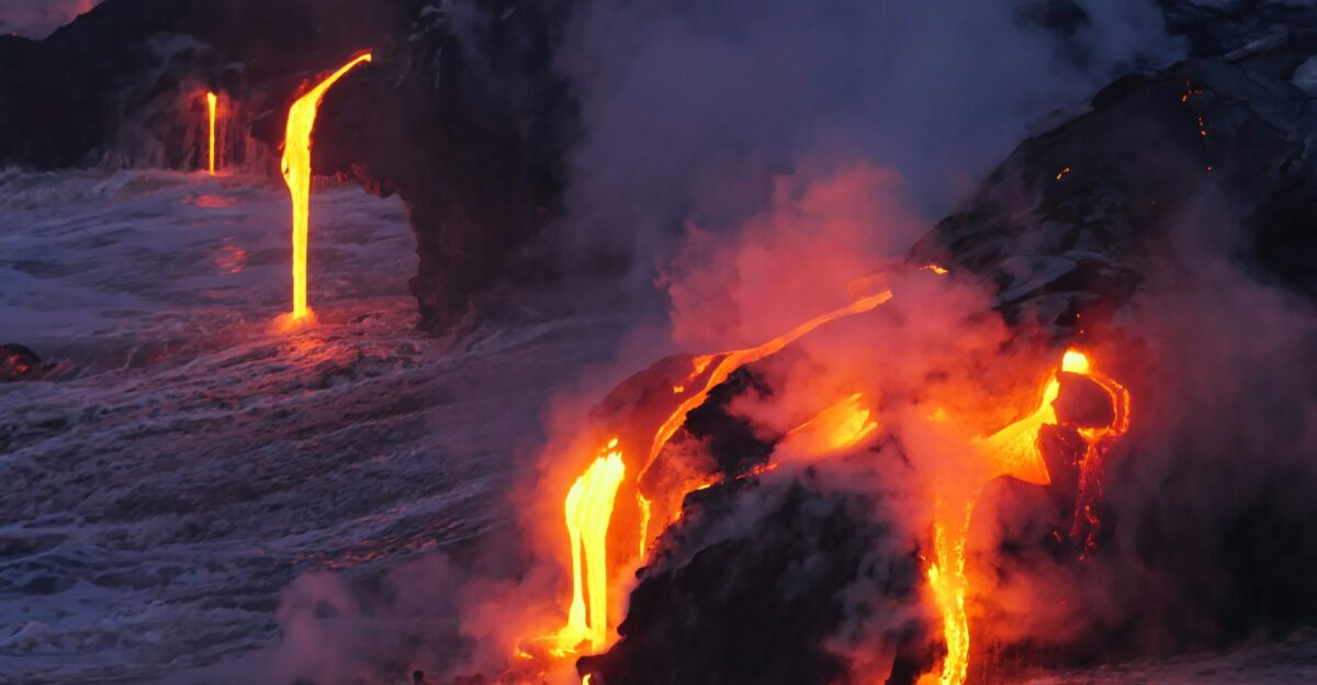 photo of lava flowing on land