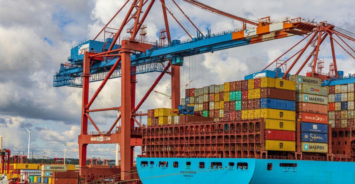 blue and red cargo ship