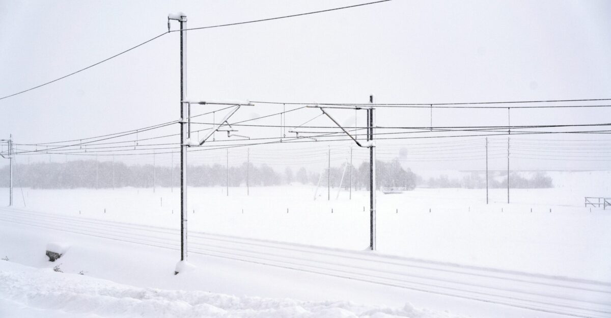 black electric post on snow covered ground