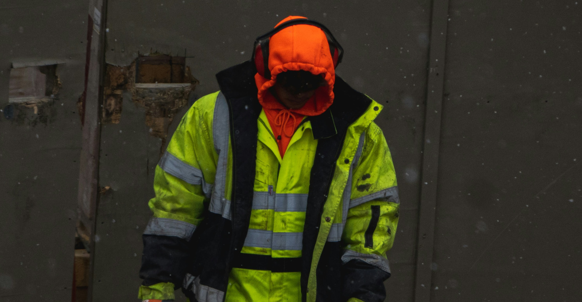 man in green jacket and orange helmet standing on gray concrete floor