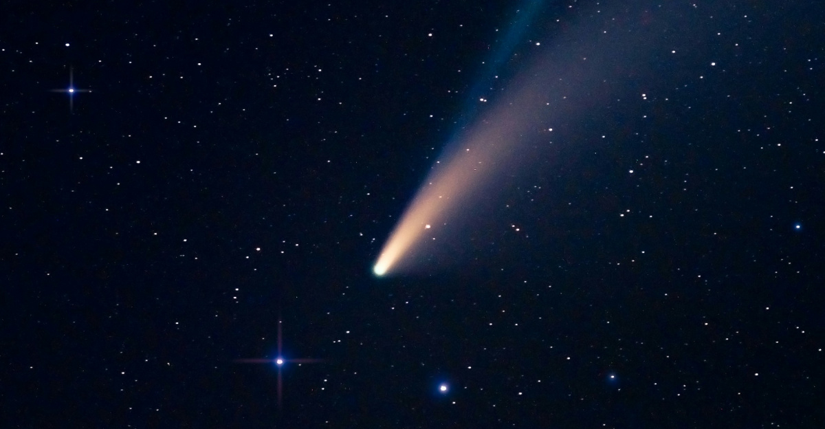 a comet is seen in the night sky