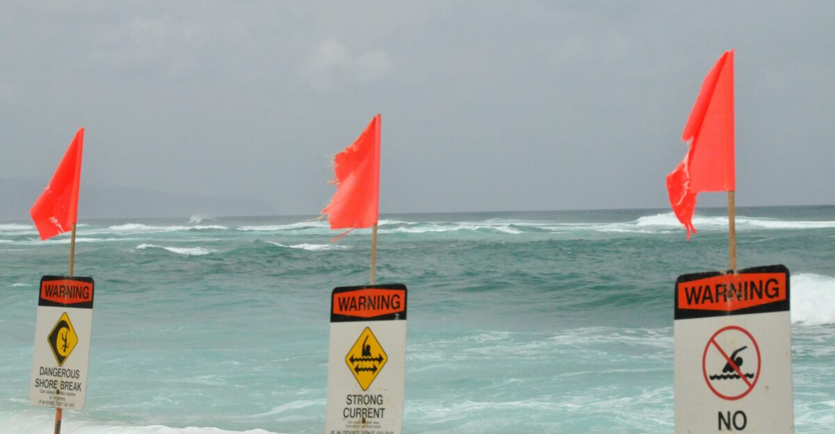 red and white flag on beach during daytime