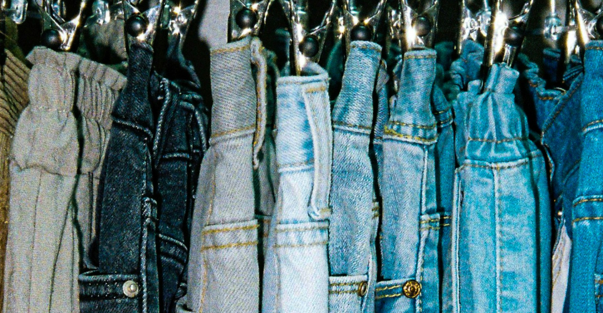 a rack of different colored jeans hanging from hooks