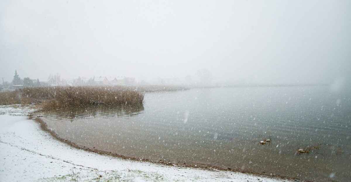 a body of water covered in snow next to a shore