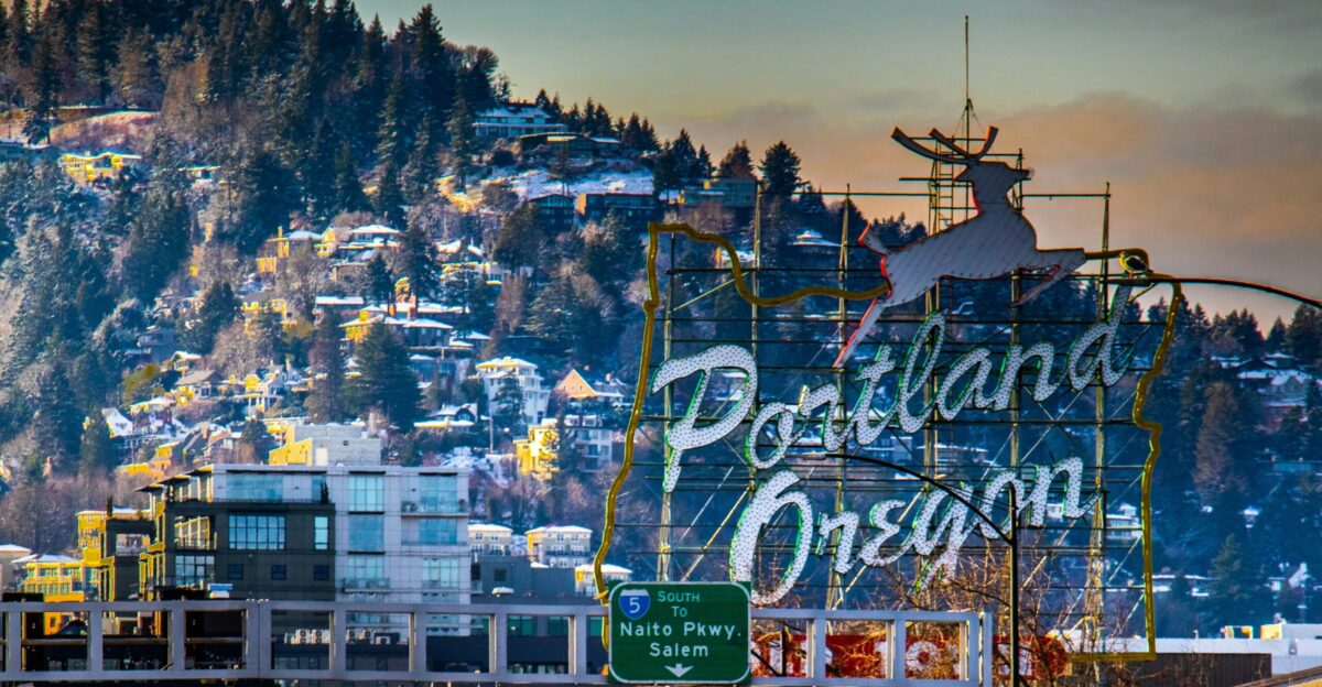 a city with a mountain in the background