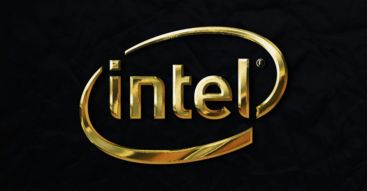 a gold intel logo on a black background