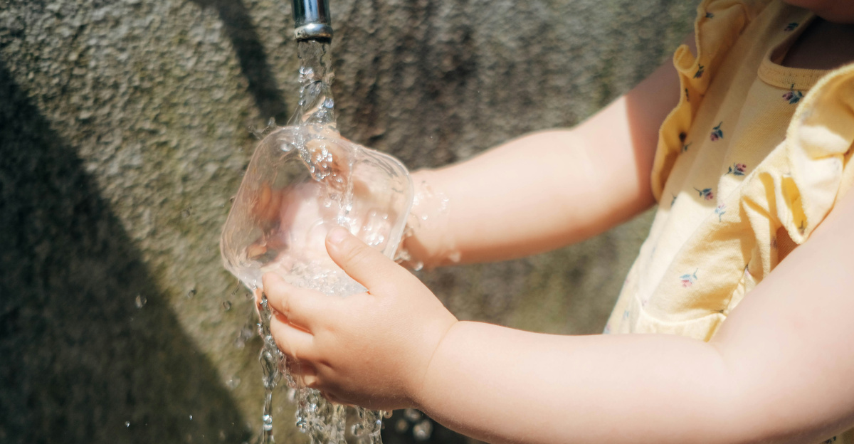 a person pouring water into a sink