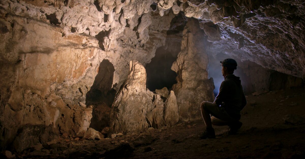 a man sitting in a cave