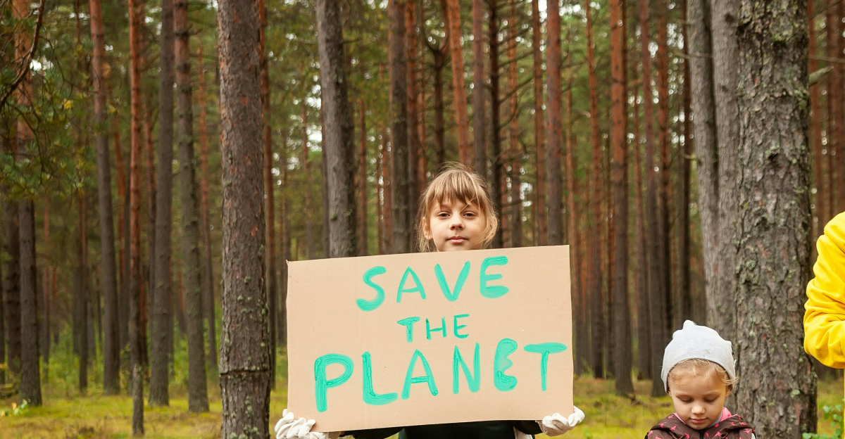 a group of people holding signs in the woods