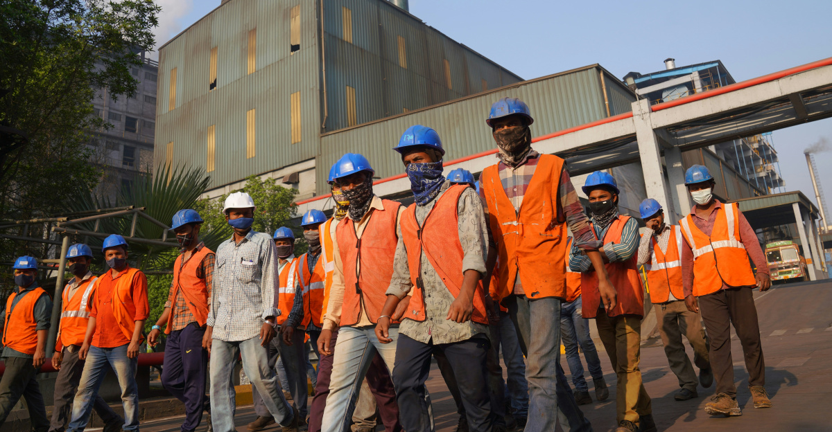 a group of people wearing orange vests and helmets