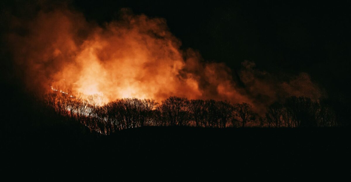 a large fire blazing in the night sky