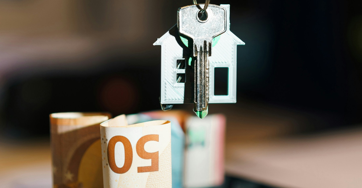A house hanging from a string on top of a pile of money
