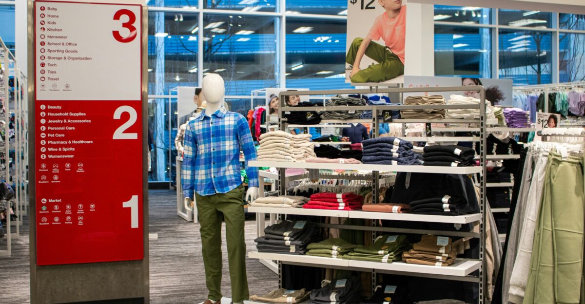 Target store apparel and signage are displayed