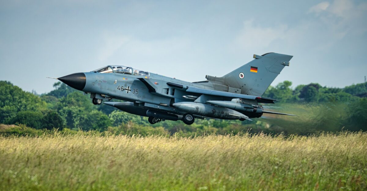German tornado jet taking off from grassy field