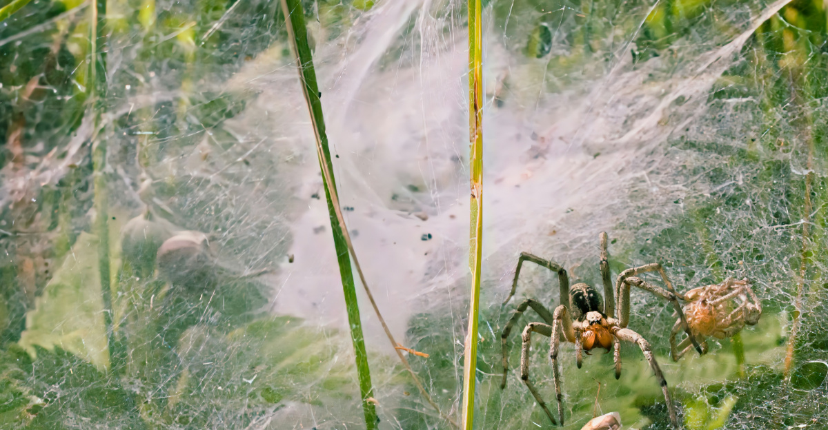 A spider sits in its web in the grass.