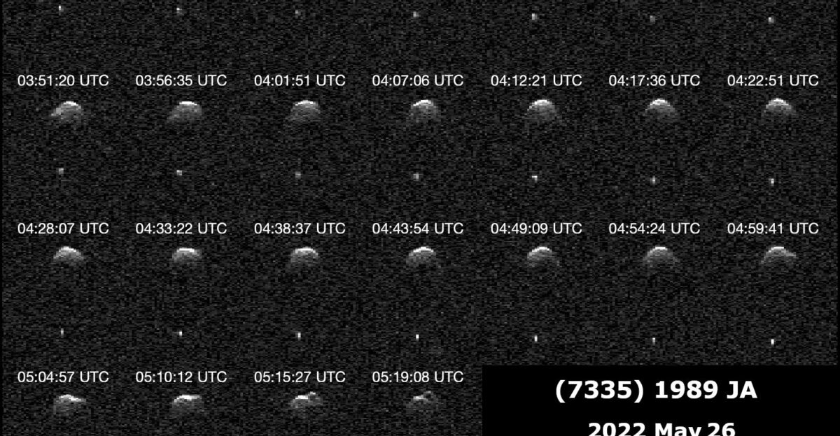 This collage and animation represent NASA radar observations of near-Earth asteroid 7335 1989 JA on May 26 2022 one day before it made its closest approach with Earth The potentially hazardous asteroid came within 2 5 million miles 4 million kilometers of our planet or 10 5 times the distance between the Earth and the Moon Astronomers at NASA s Jet Propulsion Laboratory used the 230-foot 70-meter radio antenna at the Deep Space Network s Goldstone Deep Space Communications Complex near Barstow California to precisely track the asteroid s motion and obtain detailed radar images 1989 JA is a binary system consisting of a large asteroid and a significantly smaller satellite asteroid that revolve around each other without touching The larger asteroid is about 0 4 miles 700 meters across and shows several topographic features as it rotates The secondary asteroid which was discovered this year is between 100 and 200 meters in diameter and has an orbital period of about 17 hours 1989 JA was discovered by Eleanor F Helin at Palomar Observatory in Southern California on May 1 1989 Follow-up radar observations that year did not reveal a satellite In 2010 NASA s Wide-field Infrared Survey Explorer WISE was used to help determine the primary asteroid s size This year a few weeks before the asteroid s most recent close approach astronomers at Ondrejov Observatory in the Czech Republic measured the asteroid s light curve the change in reflected light intensity over time and found hints of the satellite in orbit The new Goldstone observations refined the size of 1989 JA and established that it is a binary system 1989 JA does not currently pose an impact risk to Earth but observations by planetary radar can help astronomers better understand its orbit around the Sun so that any future risk can be continually assessed