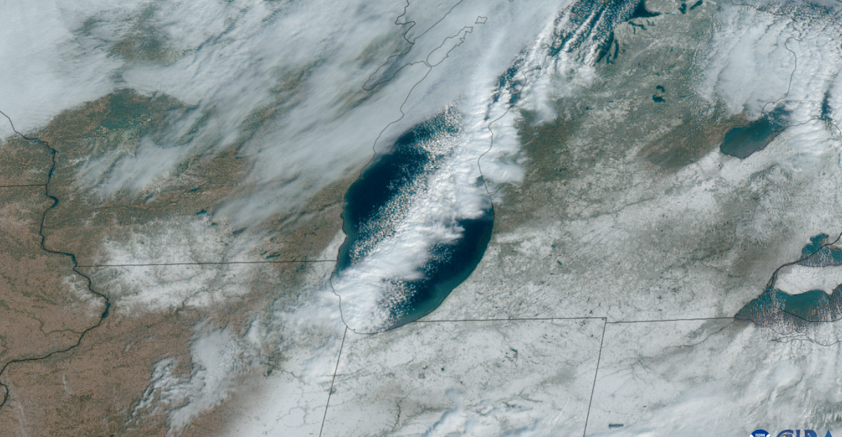 A prominent lake effect snow band off of Lake Michigan bringing heavy snow to the Midwest