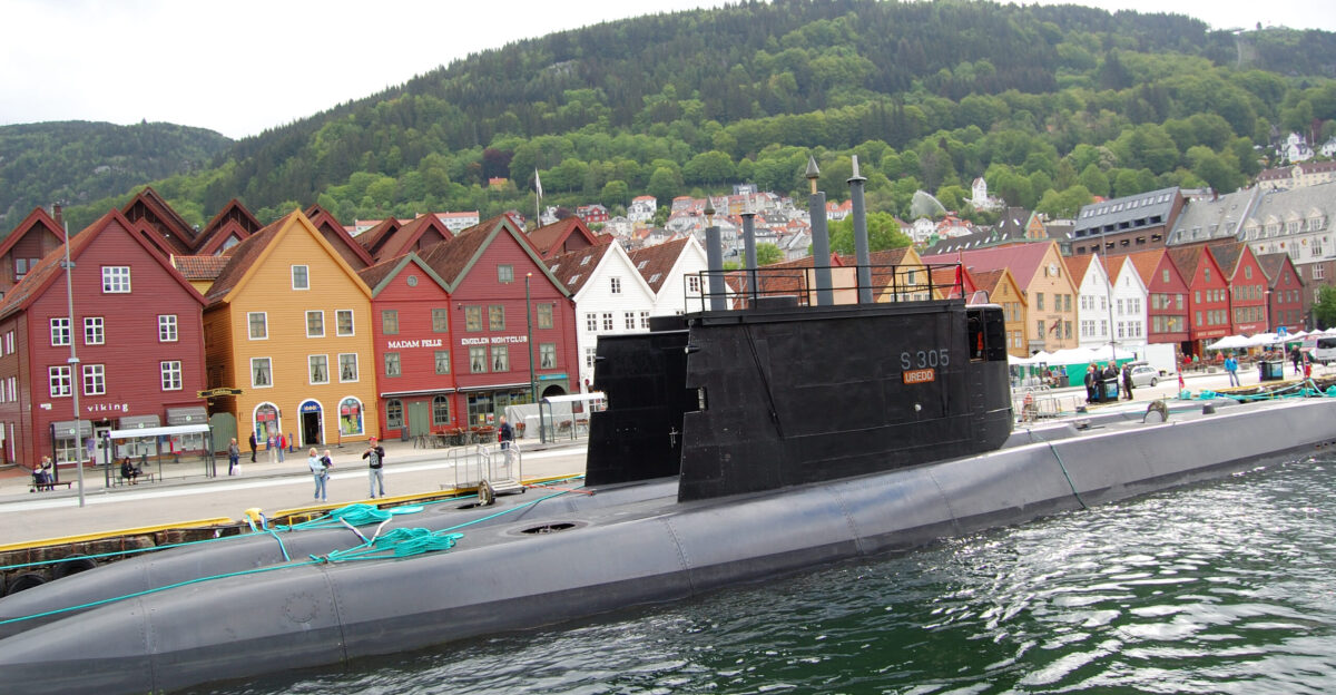 Norwegian Ula-class submarines S304 Uthaug and S305 Uredd in front in Bergen