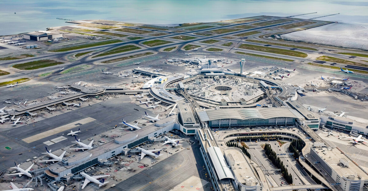 An aerial photo of San Francisco International Airport SFO taken in 2015 from a light aircraft