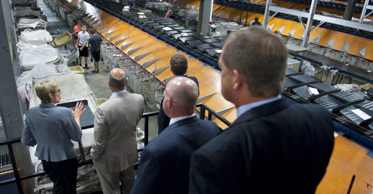 LOUISVILLE Ky - Secretary of Homeland Security Jeh Johnson tours the UPS Worldport Facility in Louisville on July 30 2014 Worldport is the largest fully automated package handling facility in the world The operation currently turns over approximately 130 aircraft daily processing an average of 1 6 million packages a day Official DHS photo by Barry Bahler