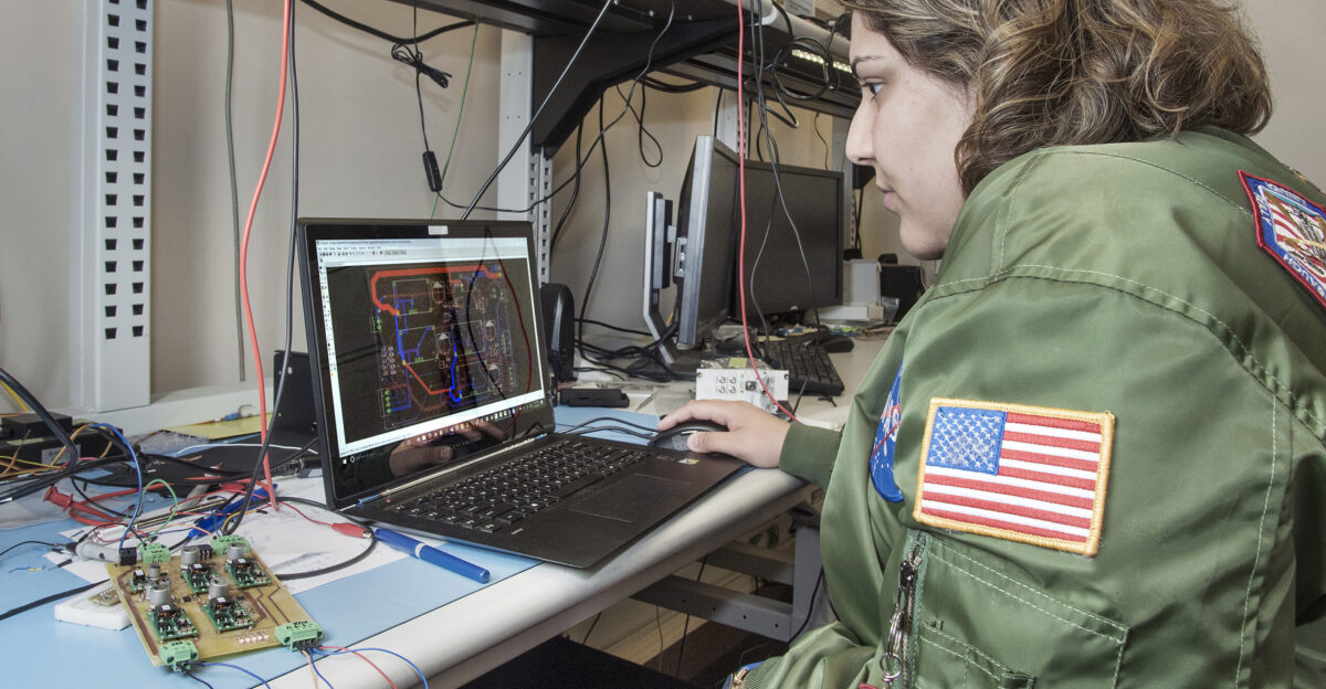 Shideh Naderi works on designing the electronics for the next generation Fiber Optic Sensing System