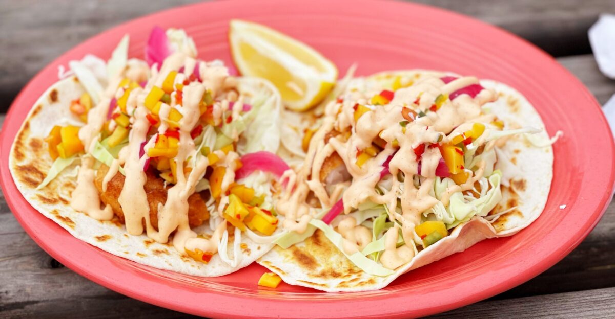 Breaded shrimp tacos at Casa del Sol in Fort Bragg California Breaded shrimp flour tortilla tacos cabbage chipotle aioli and mango salsa