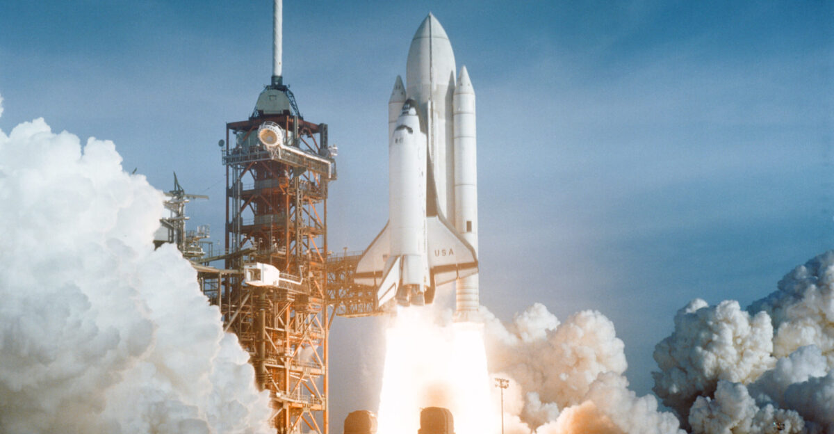 The April 12 launch at Pad 39A of STS-1 just seconds past 7 a m carries astronauts John Young and Robert Crippen into an Earth orbital mission scheduled to last for 54 hours ending with unpowered landing at Edwards Air Force Base in California